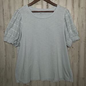 Jane Delancey 100 Cotton Blouse Eyelet Puff Sleeve Top Blue Cottagecore Boho EUC